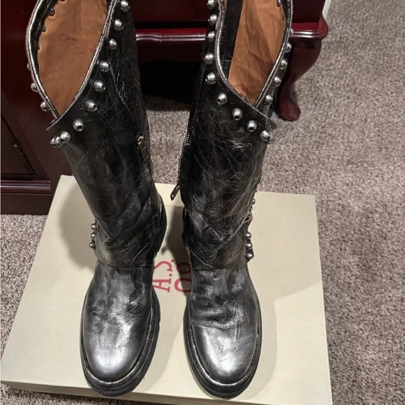 Like New A.S.98 Studded Silver Leather Boots - Picture 2 of 14